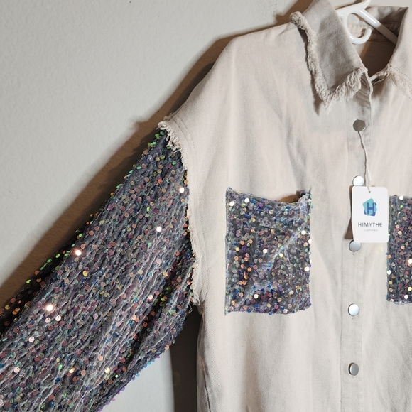 NWT HIMYTHE Beige Oversized Twill Denim Sequin Shacket Sparkle Large - Picture 9 of 17